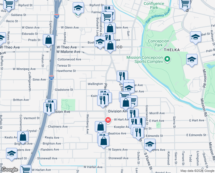 map of restaurants, bars, coffee shops, grocery stores, and more near 110 Neal Avenue in San Antonio