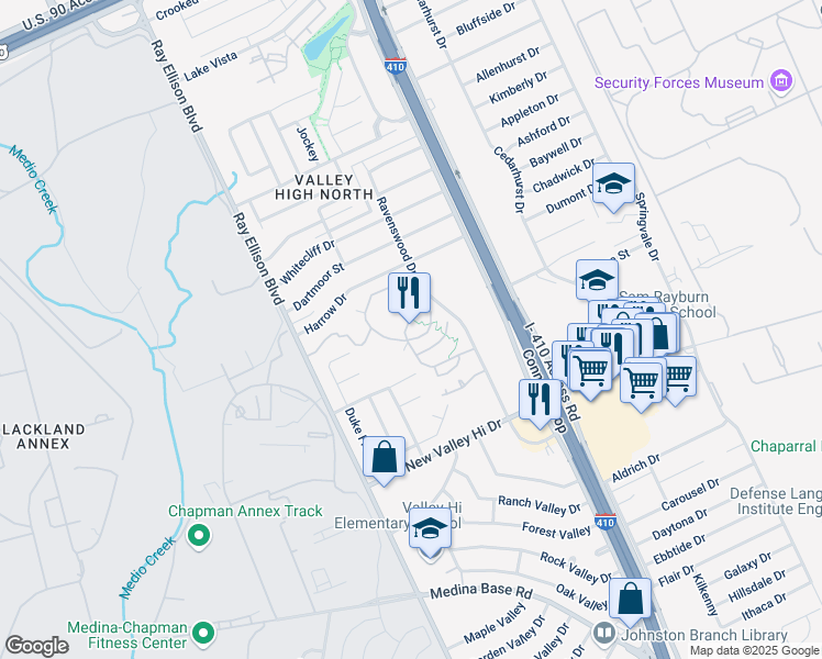 map of restaurants, bars, coffee shops, grocery stores, and more near 4917 Ravenswood Drive in San Antonio