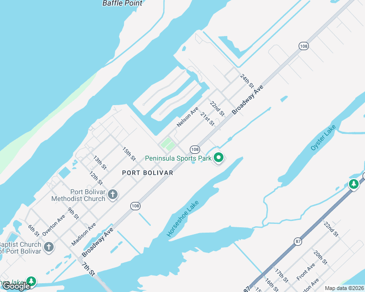 map of restaurants, bars, coffee shops, grocery stores, and more near 1824 Madison Avenue in Bolivar Peninsula