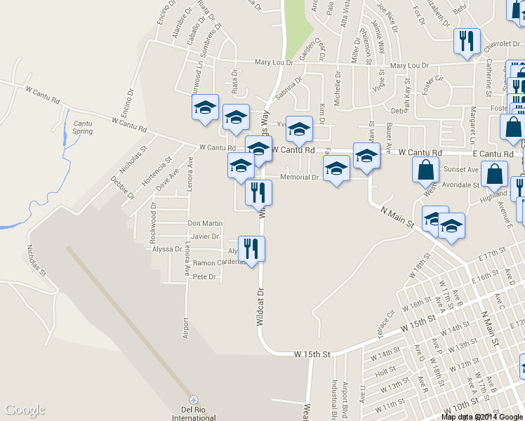 map of restaurants, bars, coffee shops, grocery stores, and more near 260 Wildcat Dr in Del Rio