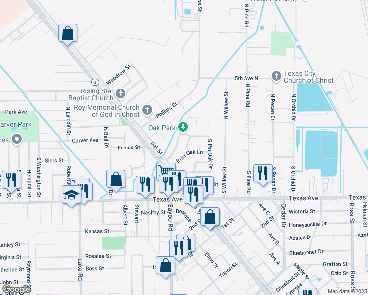 map of restaurants, bars, coffee shops, grocery stores, and more near 5207 Royal Oak Drive in Texas City