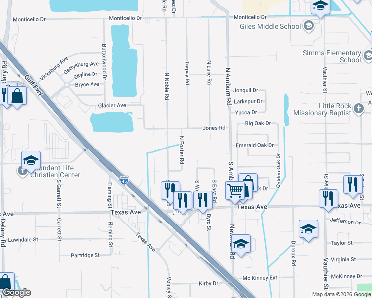 map of restaurants, bars, coffee shops, grocery stores, and more near 1 North Foster Road in Texas City