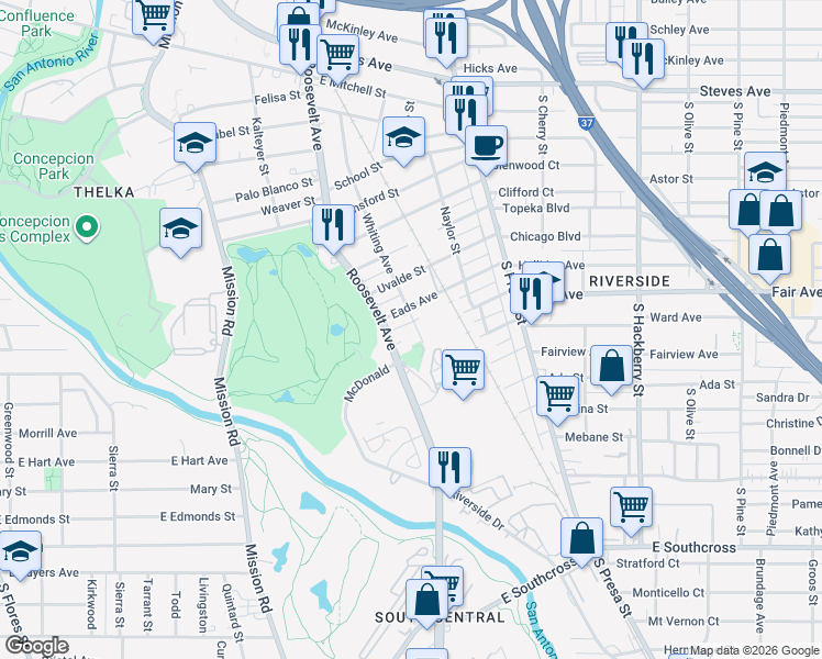map of restaurants, bars, coffee shops, grocery stores, and more near 402 Eads Avenue in San Antonio