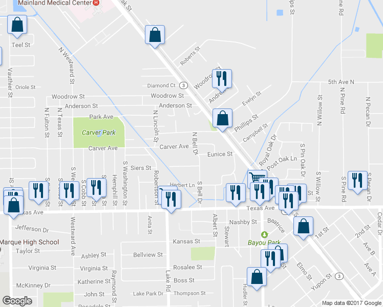 map of restaurants, bars, coffee shops, grocery stores, and more near 25 South Bell Drive in Texas City