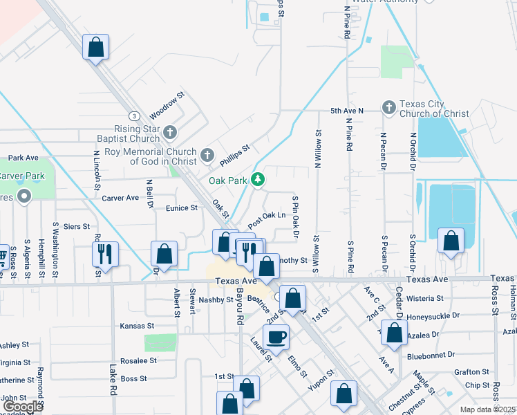 map of restaurants, bars, coffee shops, grocery stores, and more near 5207 Royal Oak Drive in Texas City