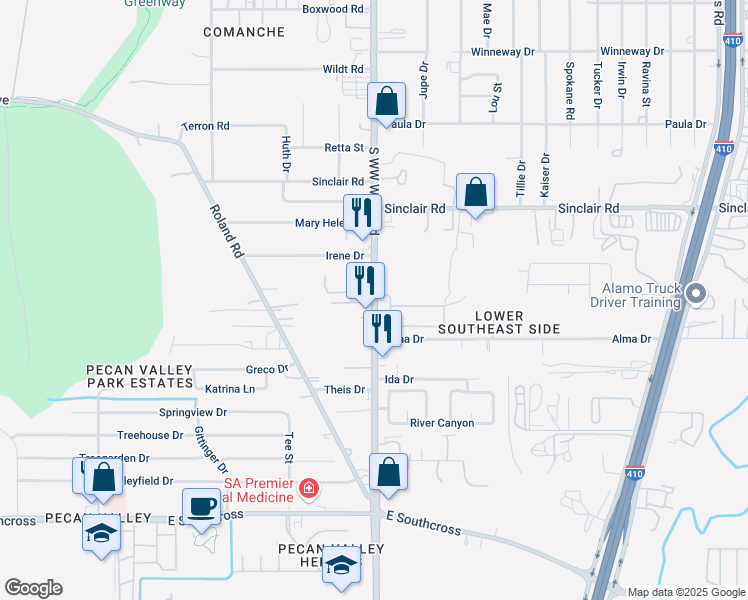 map of restaurants, bars, coffee shops, grocery stores, and more near 2714 South WW White Road in San Antonio