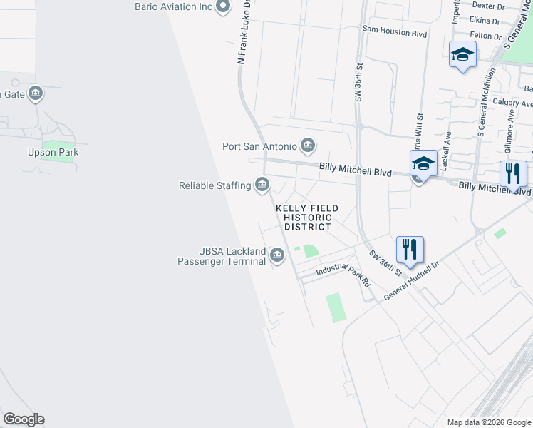 map of restaurants, bars, coffee shops, grocery stores, and more near Kelly in San Antonio