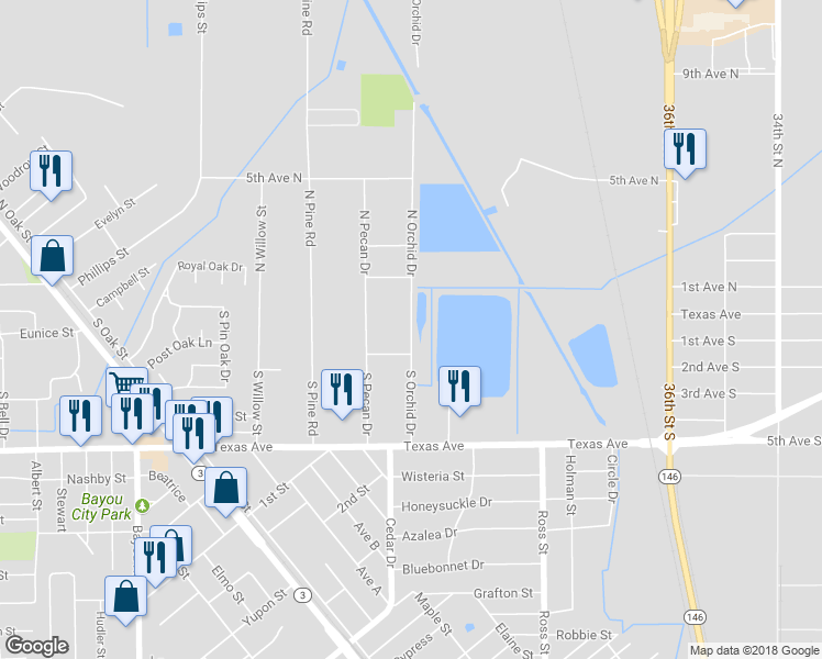 map of restaurants, bars, coffee shops, grocery stores, and more near 25 South Orchid Drive in Texas City