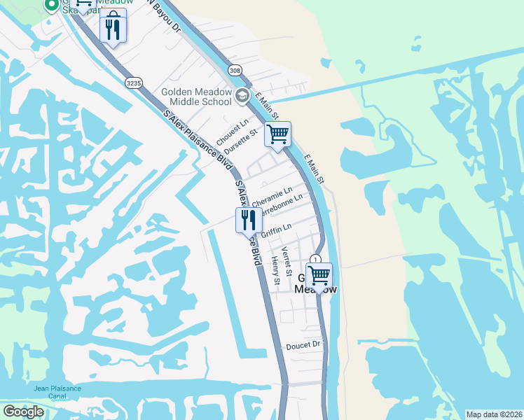 map of restaurants, bars, coffee shops, grocery stores, and more near S Alex Plaisance Blvd in Golden Meadow