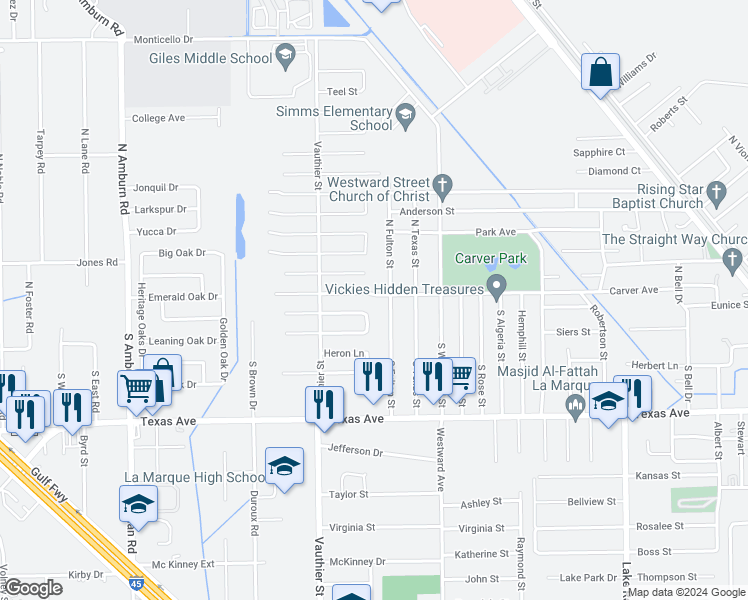 map of restaurants, bars, coffee shops, grocery stores, and more near 7201 Carver Avenue in Texas City