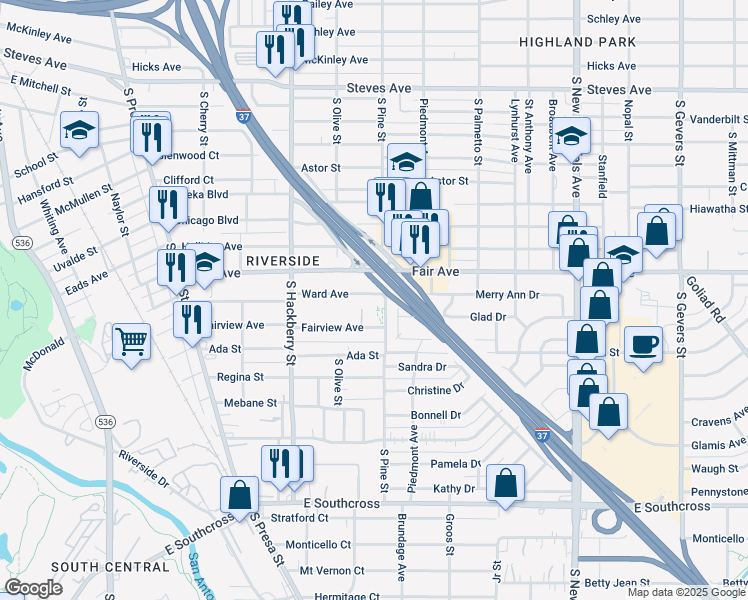 map of restaurants, bars, coffee shops, grocery stores, and more near 442 Ward Avenue in San Antonio