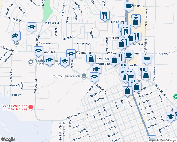 map of restaurants, bars, coffee shops, grocery stores, and more near 101 Laurel Lane in Del Rio