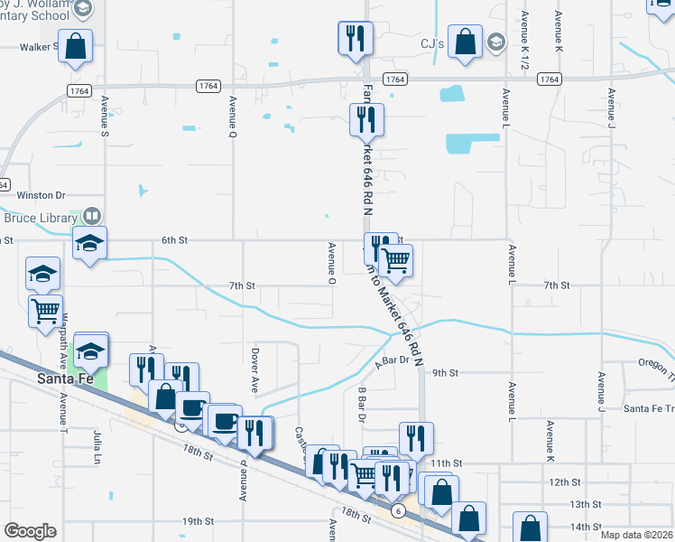 map of restaurants, bars, coffee shops, grocery stores, and more near 4024 Avenue O in Santa Fe