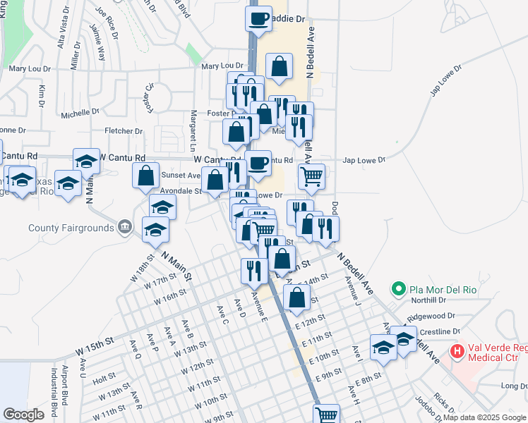 map of restaurants, bars, coffee shops, grocery stores, and more near 1915 Veterans Boulevard in Del Rio