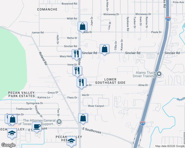 map of restaurants, bars, coffee shops, grocery stores, and more near 2600-2674 South Ww White Road in San Antonio