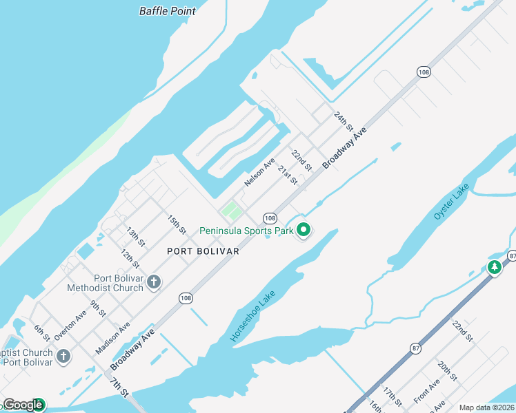 map of restaurants, bars, coffee shops, grocery stores, and more near 1824 Madison Avenue in Bolivar Peninsula