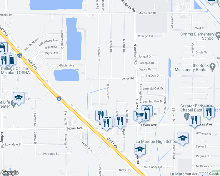 map of restaurants, bars, coffee shops, grocery stores, and more near 2 South Foster Road in Texas City