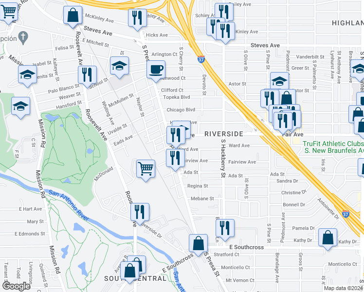 map of restaurants, bars, coffee shops, grocery stores, and more near 4018 South Presa Street in San Antonio