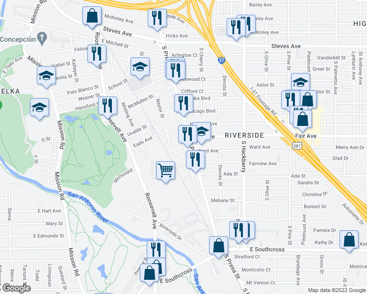 map of restaurants, bars, coffee shops, grocery stores, and more near 130 Zapata Street in San Antonio