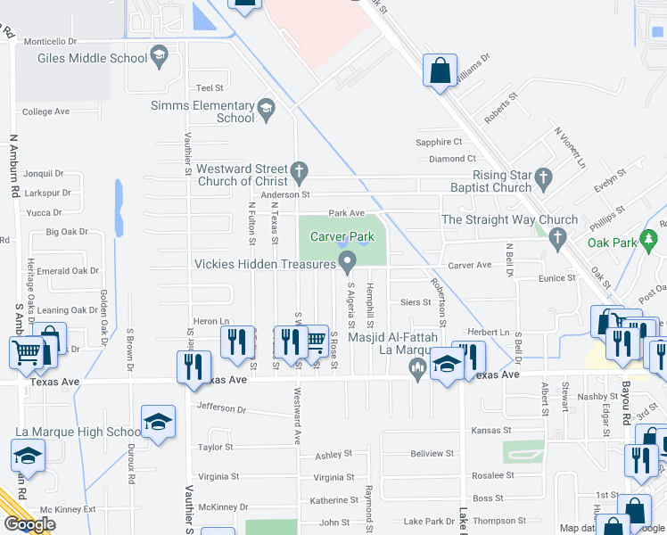 map of restaurants, bars, coffee shops, grocery stores, and more near South Rose Street in Texas City