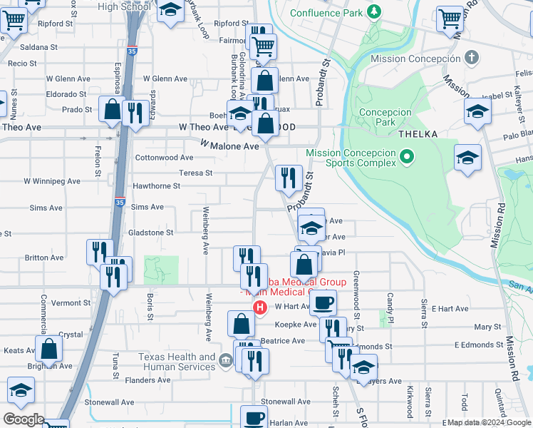 map of restaurants, bars, coffee shops, grocery stores, and more near 110 Neal Avenue in San Antonio