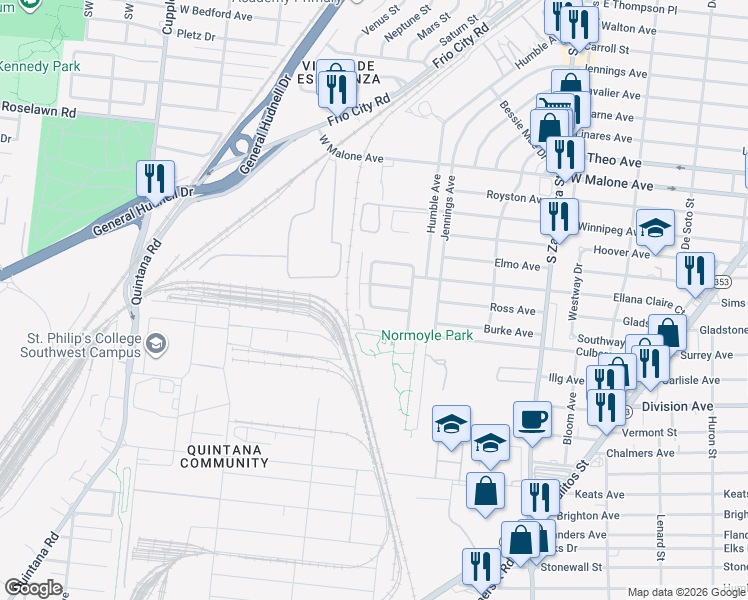 map of restaurants, bars, coffee shops, grocery stores, and more near 135 Carthage Court in San Antonio
