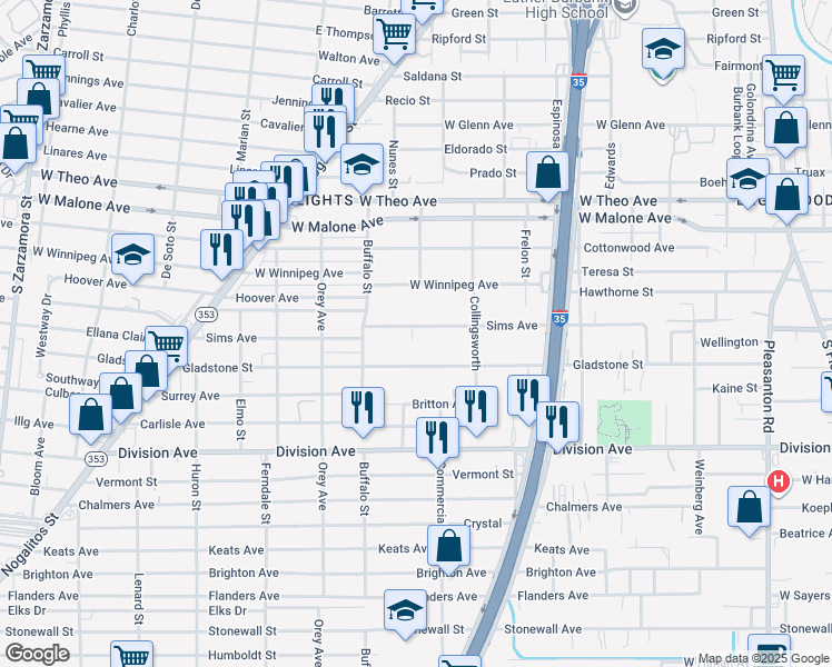 map of restaurants, bars, coffee shops, grocery stores, and more near 456 Sims Avenue in San Antonio