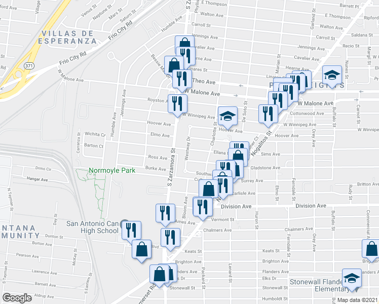 map of restaurants, bars, coffee shops, grocery stores, and more near 230 Ellana Claire Court in San Antonio