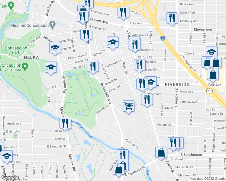 map of restaurants, bars, coffee shops, grocery stores, and more near 402 Eads Avenue in San Antonio