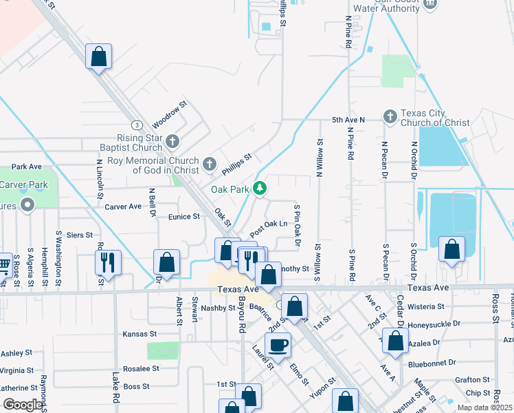 map of restaurants, bars, coffee shops, grocery stores, and more near 5207 Royal Oak Drive in Texas City