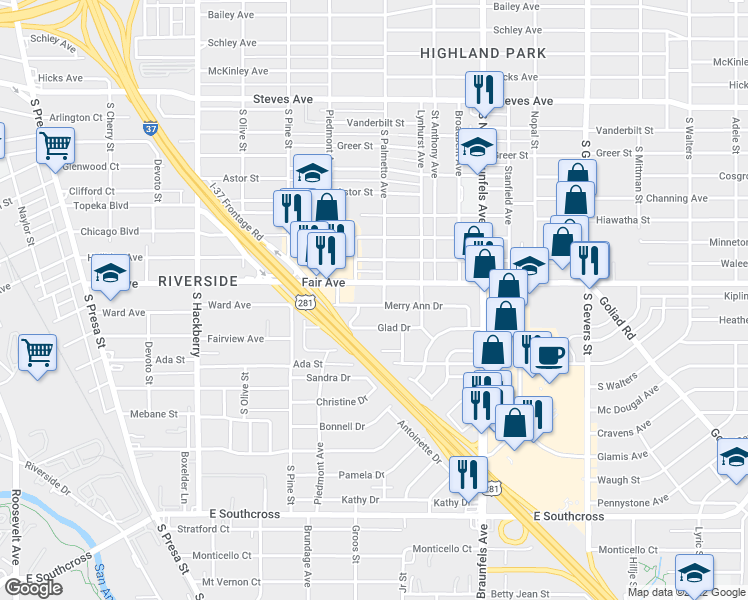 map of restaurants, bars, coffee shops, grocery stores, and more near 231 Merry Ann Drive in San Antonio