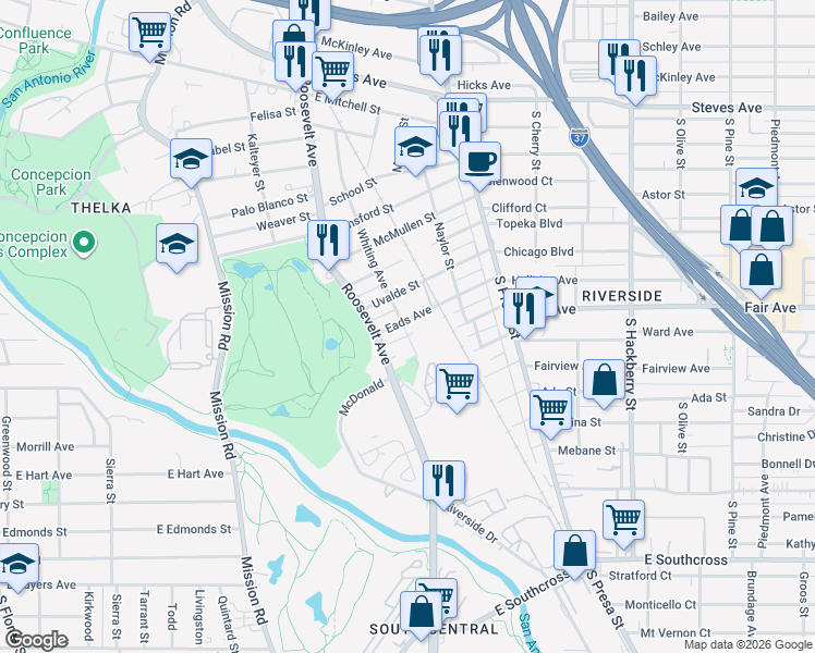 map of restaurants, bars, coffee shops, grocery stores, and more near 402 Eads Avenue in San Antonio
