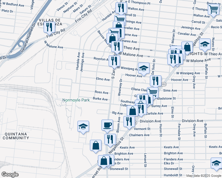 map of restaurants, bars, coffee shops, grocery stores, and more near 4211 South Zarzamora Street in San Antonio