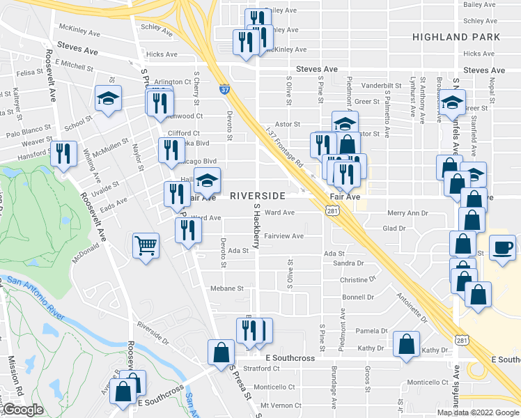 map of restaurants, bars, coffee shops, grocery stores, and more near 303 Ward Avenue in San Antonio