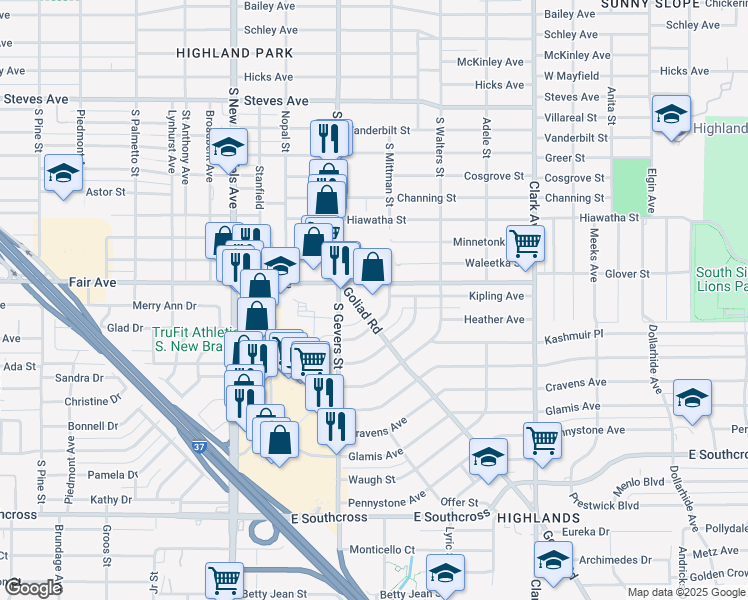 map of restaurants, bars, coffee shops, grocery stores, and more near 114 Goliad Road in San Antonio