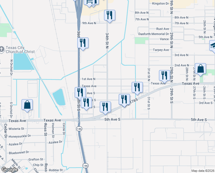 map of restaurants, bars, coffee shops, grocery stores, and more near 3401 Texas Avenue in Texas City