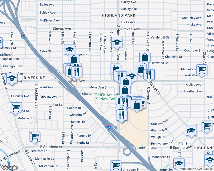 map of restaurants, bars, coffee shops, grocery stores, and more near 419 Merry Ann Drive in San Antonio