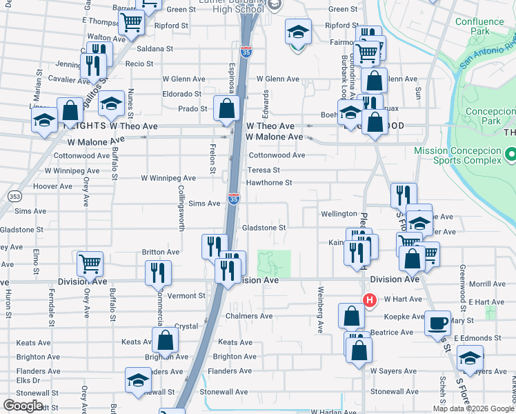 map of restaurants, bars, coffee shops, grocery stores, and more near 146 Sims Avenue in San Antonio