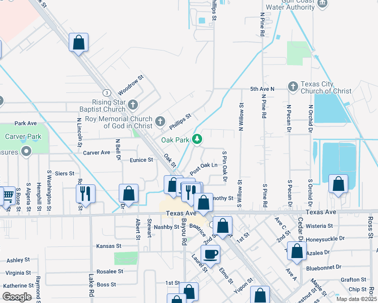 map of restaurants, bars, coffee shops, grocery stores, and more near 5314 Royal Oak Drive in Texas City