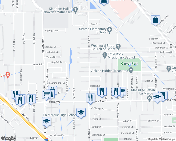 map of restaurants, bars, coffee shops, grocery stores, and more near 7402 Carver Avenue in Texas City