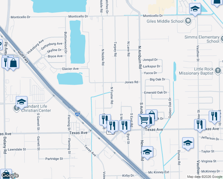 map of restaurants, bars, coffee shops, grocery stores, and more near 1 North Foster Road in Texas City