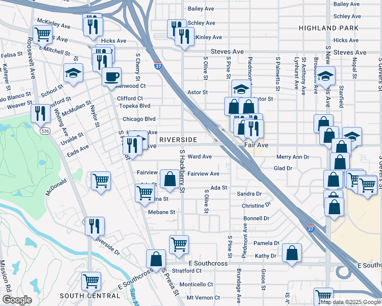 map of restaurants, bars, coffee shops, grocery stores, and more near 303 Ward Avenue in San Antonio