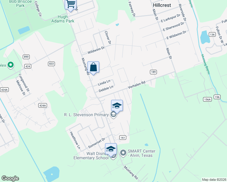 map of restaurants, bars, coffee shops, grocery stores, and more near 608 Verhalen Road in Alvin