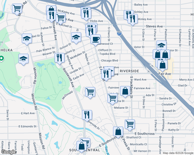 map of restaurants, bars, coffee shops, grocery stores, and more near 130 Zapata Street in San Antonio