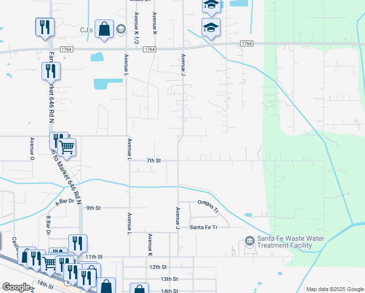 map of restaurants, bars, coffee shops, grocery stores, and more near 4015 Avenue J in Santa Fe