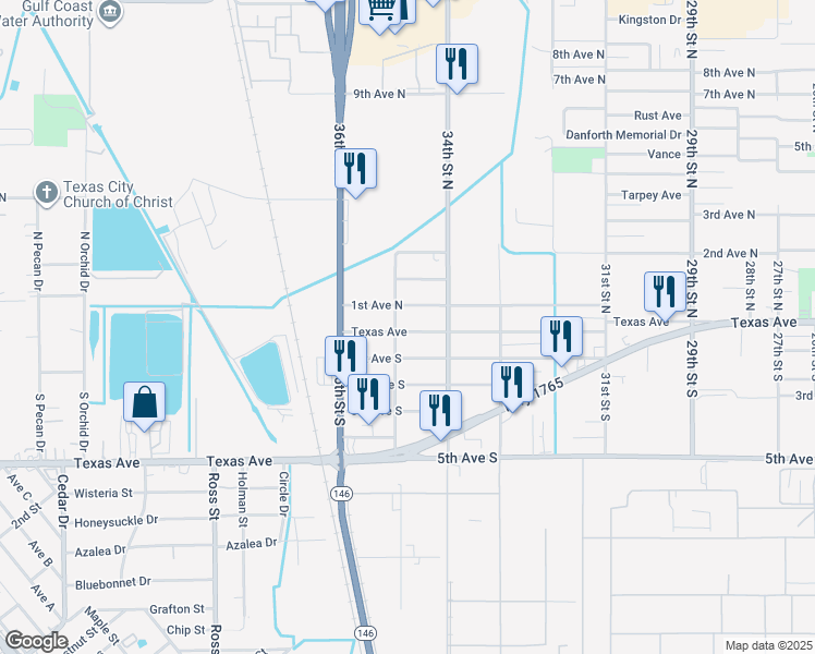 map of restaurants, bars, coffee shops, grocery stores, and more near 3436 Texas Avenue in Texas City