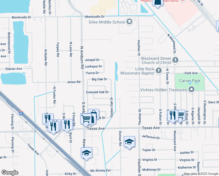 map of restaurants, bars, coffee shops, grocery stores, and more near 105 North Golden Oak Drive in Texas City