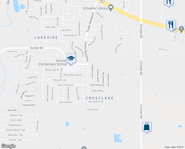 map of restaurants, bars, coffee shops, grocery stores, and more near Southern Grove in San Antonio
