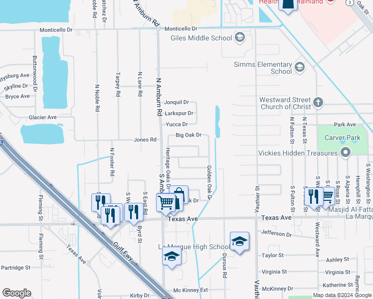 map of restaurants, bars, coffee shops, grocery stores, and more near 7913 West Red Oak Lane in Texas City