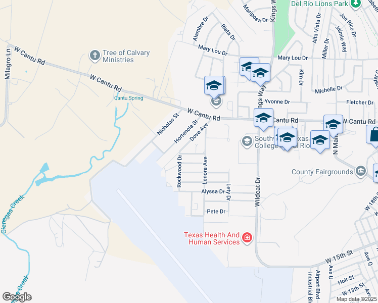 map of restaurants, bars, coffee shops, grocery stores, and more near 312 Ama Caro Drive in Del Rio